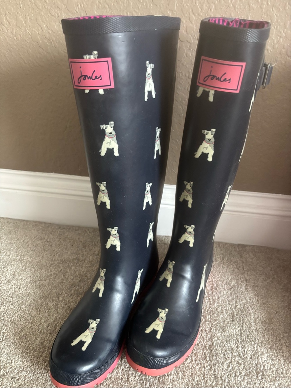 Joules Navy Rain Boots with Cream Dog Print and Pink Trim